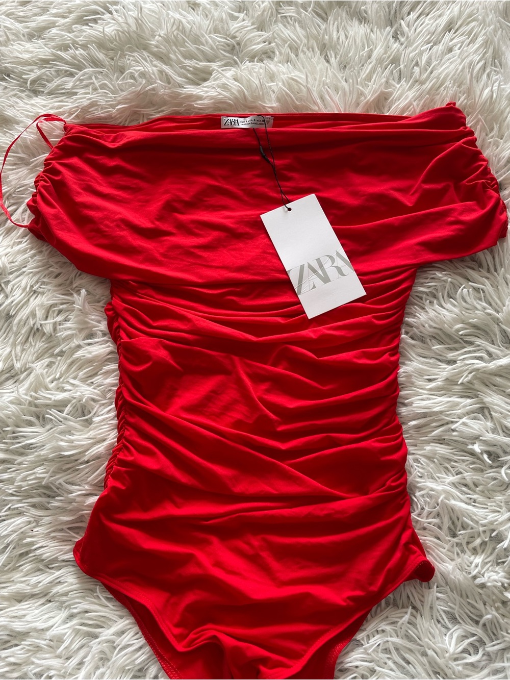 Zara Red Off-Shoulder Ruched Bodysuit